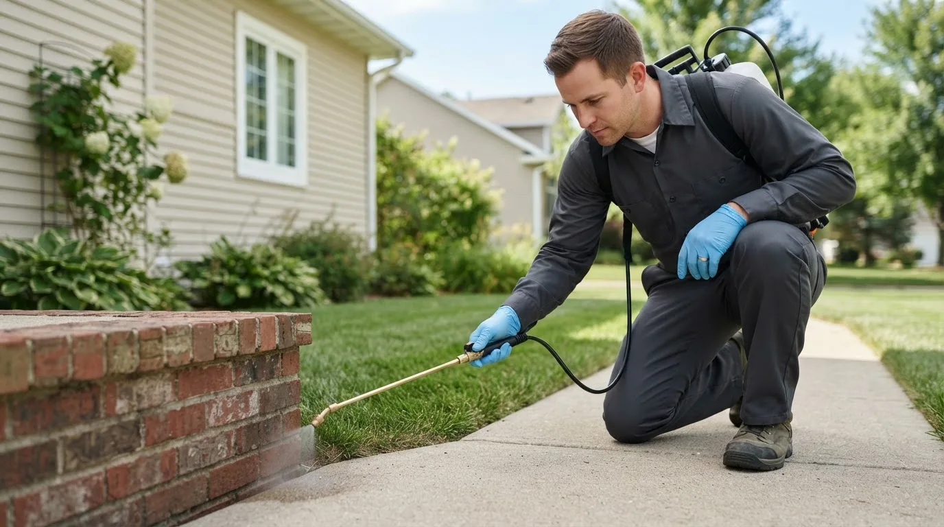 Pest control technician treating a home near Cobden, IL
