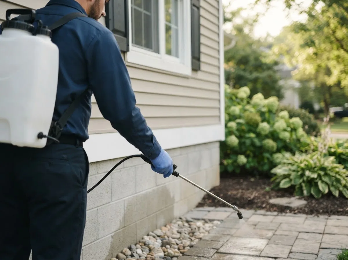 Pest control technician inspecting a home in Cobden, IL
